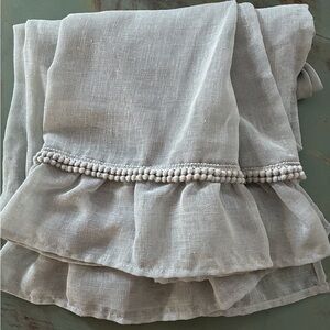 Light Gray Sheer Ruffled Linen Throw with Pom Trim